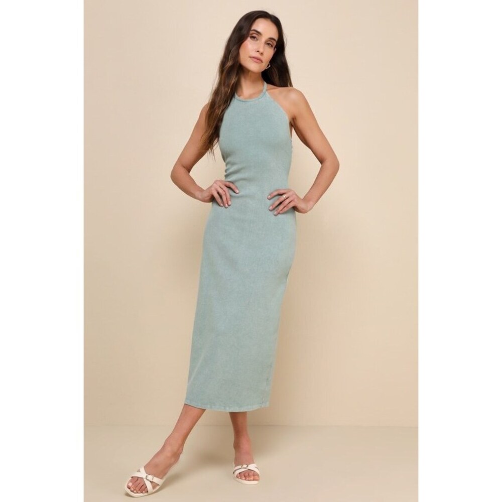 Lulus Sunny Admiration Washed Sage Green Ribbed Sleeveless Midi Dress - Size S